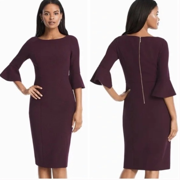 White House Black Market Body Perfecting Ruffle Sleeve Sheath Dress Cabernet 4 - Picture 1 of 6